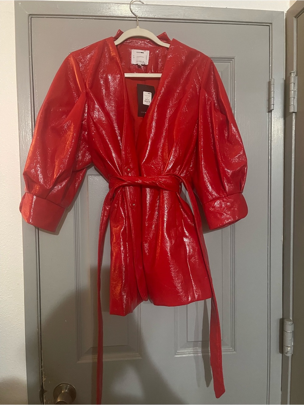 Fashion Nova Shiny Red Faux-Leather Belted Blazer